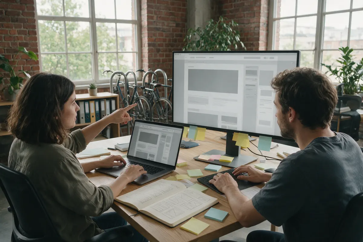 Two web designers reviewing a website layout on a large monitor