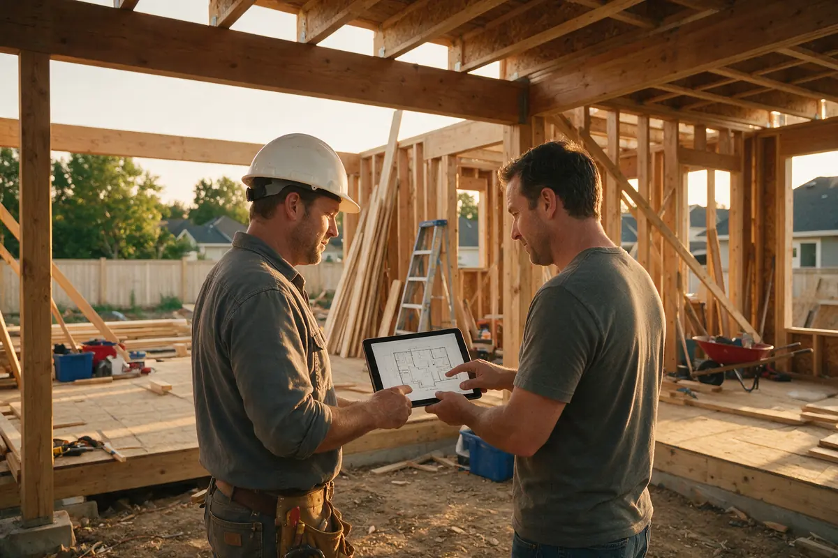 Builder and homeowner reviewing plans on a tablet at a framed house