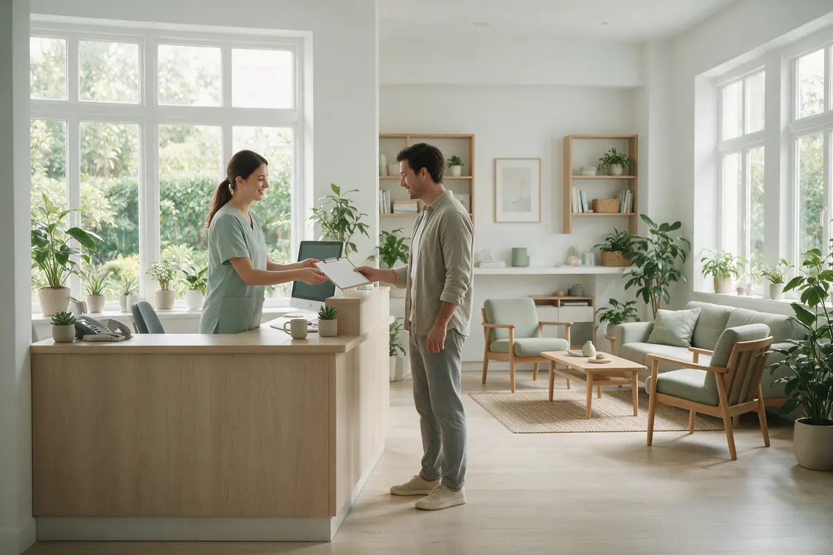 Clinic receptionist handing a patient a clipboard at the front desk