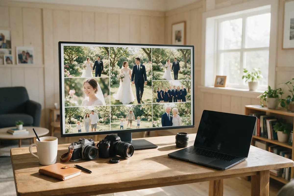 Photographer reviewing a grid of wedding photos on a studio monitor