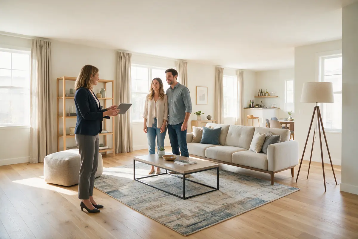 Real estate agent showing a bright living room to a young couple