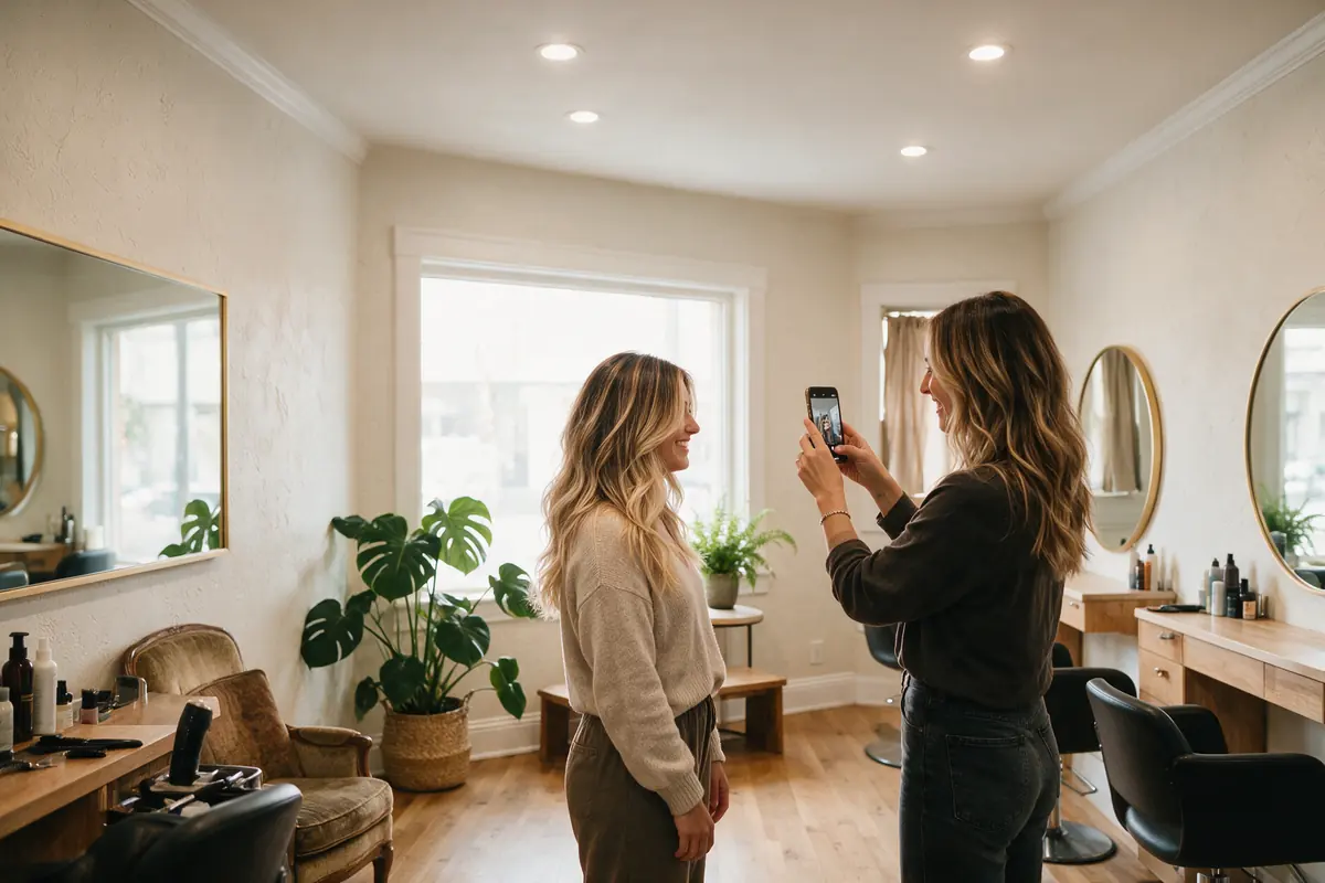 Stylist photographing a client's finished hairstyle in a bright salon