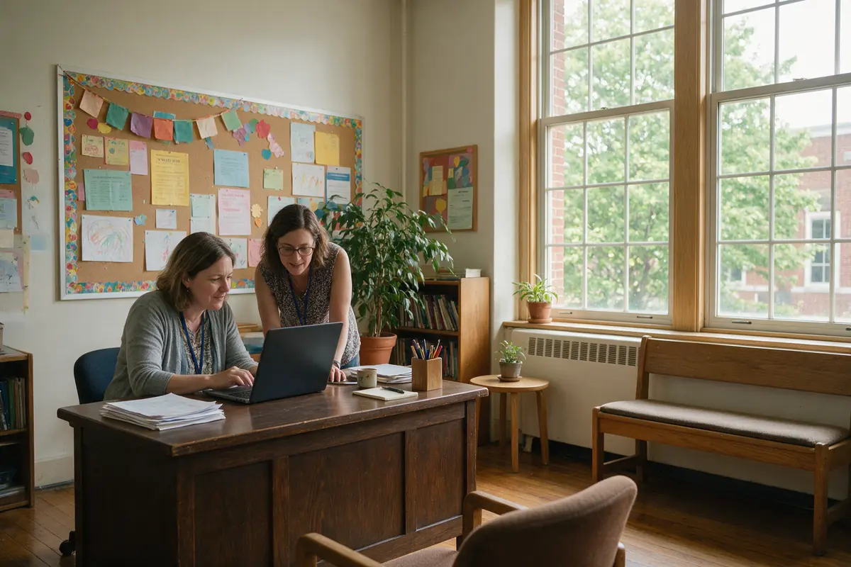 Teacher and volunteer working at a laptop in a school office